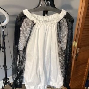 Planet White and Black Mesh Sleeve Top